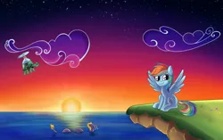 Size: 2377x1496 | Tagged: safe, artist:dyonys, derpibooru import, rainbow dash, steven magnet, tank, pegasus, pony, sea serpent, tortoise, cloud, commission, female, flying, image, jpeg, looking at you, male, mare, ocean, scenery, sitting, smiling, smiling at you, spread wings, sun, sunset, trio, water, wings