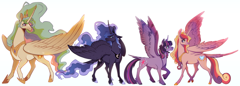 Size: 2828x1016 | Tagged: safe, artist:dustdevll, artist:insecticidal, derpibooru import, princess cadance, princess celestia, princess luna, twilight sparkle, twilight sparkle (alicorn), alicorn, pony, alicorn tetrarchy, female, image, line-up, mare, png, simple background, white background