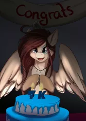 Size: 2896x4096 | Tagged: safe, artist:melodisde, derpibooru import, oc, oc:ondrea, unofficial characters only, pegasus, pony, banner, bone, cake, eye clipping through hair, female, food, high res, image, jewelry, jpeg, mare, open mouth, open smile, pegasus oc, skull, smiling, solo, spread wings, wings