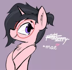 Size: 1458x1424 | Tagged: safe, artist:pinkberry, derpibooru import, oc, oc:mae (pinkberry), unicorn, colored sketch, female, freckles, glasses, image, jpeg, round glasses, self insert, solo, text