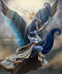 Size: 2500x3000 | Tagged: safe, artist:jessicanyuchi, derpibooru import, oc, oc:tundra, anthro, pegasus, image, jpeg, sword, watermark, weapon