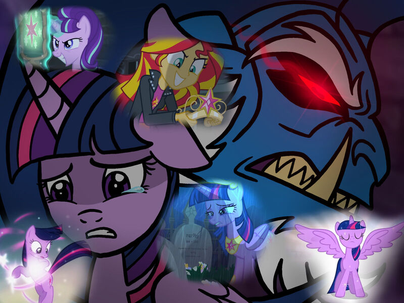 Size: 1600x1200 | Tagged: safe, artist:bluse, artist:melspyrose, derpibooru import, edit, spike, starlight glimmer, sunset shimmer, twilight sparkle, twilight sparkle (alicorn), alicorn, pony, sheep, equestria girls, magical mystery cure, big crown thingy, crying, element of magic, engrish, female, g1, grave, gravestone, grogar (g1), image, immortality blues, implied death, implied rarity, jewelry, jpeg, mare, rain, regalia, sad, show accurate, twilight is anakin, twilight will outlive her friends, twilight's cutie mark