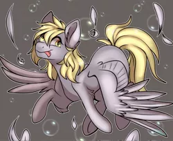 Size: 2048x1669 | Tagged: safe, artist:diethtwoo, derpibooru import, derpy hooves, pegasus, pony, :p, bubble, derp, feather, female, gray background, image, jpeg, mare, signature, simple background, smiling, solo, tongue out