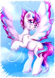 Size: 1280x1807 | Tagged: safe, artist:pozya1007, derpibooru import, zipp storm, pegasus, pony, cloud, female, flying, g5, grin, image, looking at you, mare, png, signature, sky, smiling, smiling at you, solo, spread wings, wings