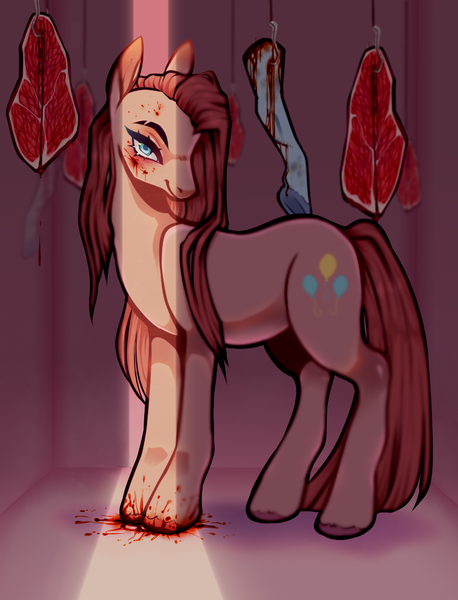 Size: 816x1070 | Tagged: semi-grimdark, artist:dustdevll, artist:insecticidal, derpibooru import, pinkie pie, earth pony, pony, fanfic:cupcakes, blood, body parts, hooks, image, pinkamena diane pie, png, severed leg, severed limb, simple background, solo