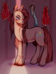 Size: 816x1070 | Tagged: semi-grimdark, artist:dustdevll, artist:insecticidal, derpibooru import, pinkie pie, earth pony, pony, fanfic:cupcakes, blood, body parts, hooks, image, pinkamena diane pie, png, severed leg, severed limb, simple background, solo