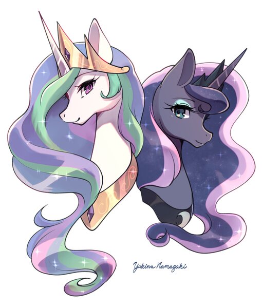 Size: 2127x2500 | Tagged: safe, artist:yukina-namagaki, derpibooru import, princess celestia, princess luna, pony, bust, crown, cute, duo, female, high res, image, jewelry, jpeg, mare, portrait, profile, regalia, royal sisters, siblings, simple background, sisters, white background