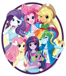 Size: 1181x1358 | Tagged: safe, artist:carrie sleutskaya, official, applejack, fluttershy, pinkie pie, rainbow dash, rarity, spike, twilight sparkle, dog, equestria girls, applejack's hat, bow, bracelet, clothes, cowboy hat, cutie mark, cutie mark on clothes, hairpin, hat, image, jacket, jewelry, jpeg, official art, one eye closed, open smile, peace sign, sleeveless, spike the dog, welovefine, wink