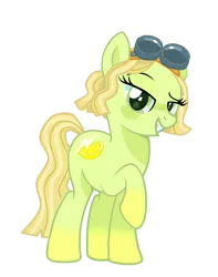 Size: 1663x2115 | Tagged: safe, artist:lavender-bases, artist:vernorexia, derpibooru import, ponified, earth pony, pony, base used, blonde, crossover, female, food, goggles, gradient hooves, gradient legs, green coat, image, lemon, lemon meringue (strawberry shortcake), lightning, mare, mechanic, png, short hair, short mane, show accurate, simple background, solo, strawberry shortcake, strawberry shortcake berry in the big city, tomboy, transparent background, wavy mane