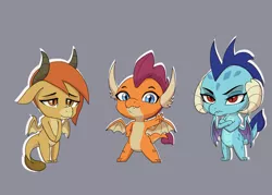 Size: 3500x2500 | Tagged: safe, artist:chedx, derpibooru import, ocellus, princess ember, smolder, dragon, chibi, crossed arms, disguise, disguised changeling, dragon ocellus, dragon wings, dragoness, female, frown, gray background, hand on hip, high res, image, looking at you, peace sign, png, simple background, smiling, smiling at you, spread wings, trio, trio female, wings