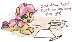 Size: 595x354 | Tagged: safe, artist:plunger, derpibooru import, kettle corn, earth pony, pony, exclamation point, female, filly, foal, image, implied anon, looking at you, lying down, missing cutie mark, motivational, offscreen character, open mouth, open smile, paper, pencil, png, prone, smiling, solo, talking, talking to viewer