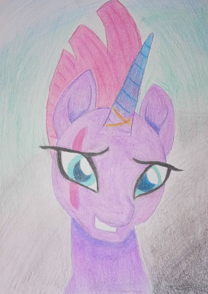 Size: 2233x3161 | Tagged: safe, artist:averkoswolf, derpibooru import, fizzlepop berrytwist, tempest shadow, pony, unicorn, my little pony: the movie, broken horn, colored pencil drawing, derpibooru exclusive, eye scar, female, horn, image, mare, png, scar, solo, solo female, tempest gets her horn back, traditional art