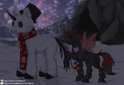 Size: 1280x880 | Tagged: safe, artist:elberas, derpibooru import, changeling queen oc, oc, unofficial characters only, changeling, changeling queen, cave, clothes, eyes closed, female, fireworks, hat, image, night, outdoors, png, raised hoof, scarf, smiling, snowpony, stars, striped scarf