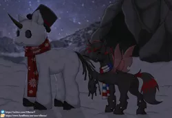 Size: 1280x880 | Tagged: safe, alternate version, artist:elberas, derpibooru import, changeling queen oc, oc, unofficial characters only, changeling, changeling queen, cave, clothes, eyes closed, female, hat, image, night, outdoors, png, raised hoof, scarf, smiling, snowpony, stars, striped scarf