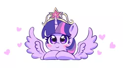 Size: 1816x1007 | Tagged: safe, artist:leo19969525, derpibooru import, twilight sparkle, twilight sparkle (alicorn), alicorn, pony, big crown thingy, crown, element of magic, heart, horn, image, jewelry, jpeg, looking at you, red face, regalia, simple background, smiling, smiling at you, solo, spread wings, white background, wings