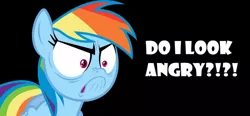 Size: 1280x595 | Tagged: safe, artist:dasprid, artist:twilyisbestpone, derpibooru import, rainbow dash, pegasus, pony, angry, black background, do i look angry, female, frown, image, jpeg, mare, ragebow dash, rainbow dash is best facemaker, simple background, solo, text
