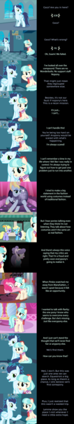 Size: 2000x11287 | Tagged: safe, artist:boneswolbach, artist:mlp-silver-quill, derpibooru import, coco pommel, eclair créme, jangles, lyrica lilac, pinkie pie, soarin', suri polomare, unnamed character, unnamed pony, earth pony, pegasus, pony, comic:pinkie pie says goodnight, honest apple, box, carousel boutique, clothes, comic, costume, cravat, crying, disco ball, dress, hoof shoes, image, locker room, png, runway