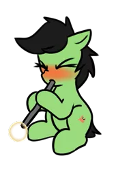 Size: 379x556 | Tagged: safe, artist:neuro, derpibooru import, oc, oc:anonfilly, unofficial characters only, earth pony, pony, blow pipe, eyes closed, female, filly, foal, glass, glass blowing, hoof hold, image, png, red face, runescape, simple background, sitting, solo, transparent background