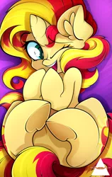 Size: 2893x4592 | Tagged: safe, artist:ahekao, derpibooru import, sunset shimmer, pony, unicorn, ear fluff, female, high res, image, lying down, mare, on back, one eye closed, png, solo