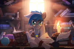 Size: 1920x1260 | Tagged: safe, artist:redchetgreen, derpibooru import, oc, oc:cloud zapper, unofficial characters only, pegasus, pony, armor, book, bookshelf, candle, complex background, digital art, glasses, image, male, png, reading, royal guard, solo, stallion