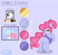 Size: 1280x1218 | Tagged: safe, artist:purplepotato04, derpibooru import, oc, oc:funky fizzle, earth pony, pony, deviantart watermark, female, image, jpeg, mare, obtrusive watermark, offspring, parent:pinkie pie, parent:pokey pierce, parents:pokeypie, reference sheet, solo, watermark