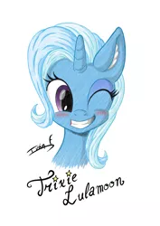Size: 2481x3508 | Tagged: safe, artist:memprices, derpibooru import, trixie, pony, unicorn, blushing, bust, clip studio paint, ear fluff, ears up, female, front view, high res, horn, image, looking at you, mare, one eye closed, pencil, pencil drawing, png, signature, simple background, smiling, smiling at you, solo, text, traditional art, white background, wink, winking at you