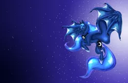Size: 1280x835 | Tagged: safe, artist:aprilsilverwolf, derpibooru import, princess luna, alicorn, dragon, pony, blue mane, blue tail, dragonified, fangs, female, flowing mane, flowing tail, flying, high res, hoof shoes, horn, image, jpeg, long horn, mare, moon, moonlight, night, open mouth, sky, smiling, solo, species swap, spread wings, stars, tail, teeth, wings