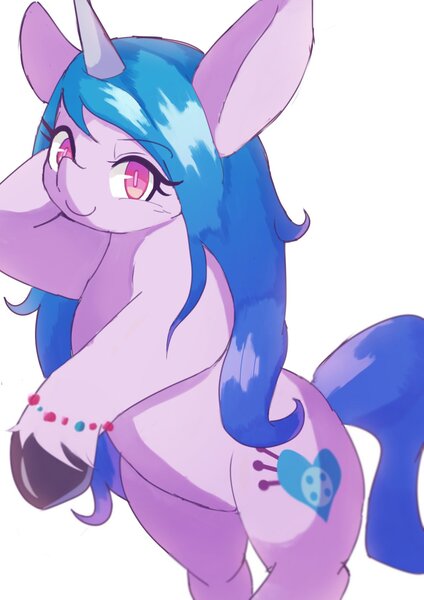 Size: 1191x1684 | Tagged: safe, artist:sc_kis_rko, derpibooru import, izzy moonbow, pony, unicorn, bipedal, bracelet, female, g5, horn, image, jewelry, jpeg, looking at you, mare, simple background, smiling, smiling at you, solo, white background