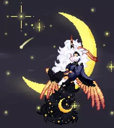 Size: 1886x2120 | Tagged: safe, artist:sscorpionsss, derpibooru import, oc, unofficial characters only, alicorn, pony, alicorn oc, crescent moon, horn, image, moon, pixel art, png, shooting star, sitting, solo, stars, tangible heavenly object, transparent moon, wings