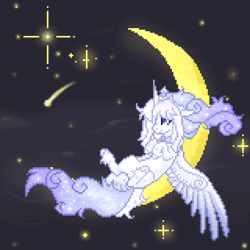 Size: 1500x1500 | Tagged: safe, artist:sscorpionsss, derpibooru import, oc, unofficial characters only, alicorn, pony, alicorn oc, animated, commission, crescent moon, ethereal mane, gif, horn, image, moon, pixel art, shooting star, sitting, solo, starry mane, stars, tangible heavenly object, transparent moon, wings, ych result