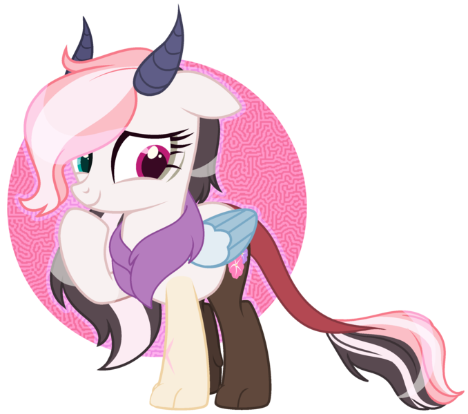 Size: 2570x2275 | Tagged: safe, artist:dinkydoolove, artist:lazuli0209, derpibooru import, oc, unofficial characters only, draconequus, hybrid, pony, base used, draconequus oc, eyelashes, female, horns, image, interspecies offspring, offspring, parent:discord, parent:fluttershy, parents:discoshy, png, raised hoof, simple background, smiling, solo, transparent background, wings