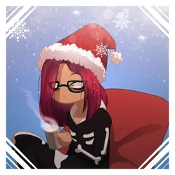 Size: 1024x1024 | Tagged: safe, artist:dinkydoolove, derpibooru import, oc, unofficial characters only, human, christmas, clothes, costume, female, frown, glasses, hat, holiday, humanized, image, jpeg, mug, santa hat, skeleton costume, solo