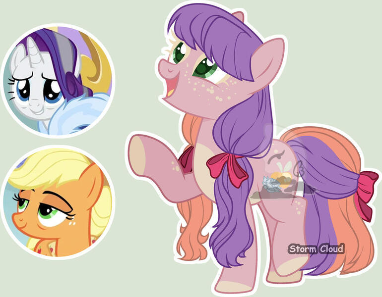 Size: 1024x798 | Tagged: safe, artist:dinkydoolove, artist:lazuli0209, derpibooru import, applejack, rarity, oc, earth pony, pony, base used, bow, earth pony oc, eyelashes, image, jpeg, magical lesbian spawn, offspring, older, older applejack, older rarity, parent:applejack, parent:rarity, parents:rarijack, raised hoof, screencap reference, smiling, tail, tail bow