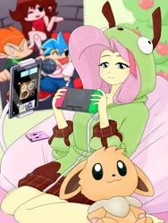 Size: 1668x2224 | Tagged: safe, artist:batipin, derpibooru import, fluttershy, eevee, equestria girls, controller, friday night funkin', game, image, kirby, kirby (series), mobile phone, nintendo switch, phone, png, pokémon, smartphone, tablet