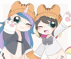 Size: 1947x1608 | Tagged: safe, artist:adamai_0517, artist:ginmaruxx, derpibooru import, oc, unofficial characters only, big cat, earth pony, pony, tiger, unicorn, :3, animal costume, blushing, clothes, costume, cute, duo, duo female, female, hat, image, jacket, jpeg, looking at you, mare, ocbetes, one eye closed, open mouth, paws, simple background, white background, wink, winking at you, year of the tiger