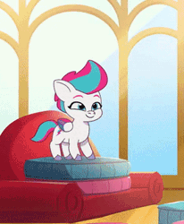 Size: 294x356 | Tagged: safe, derpibooru import, zipp storm, pegasus, pony, my little pony: tell your tale, zipp's flight school, spoiler:g5, spoiler:my little pony: tell your tale, animated, bouncing, chair, cushion, female, filly, filly zipp storm, foal, g5, gif, image, smiling, solo, younger