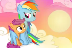 Size: 1280x857 | Tagged: safe, artist:mlplary6, derpibooru import, rainbow dash, scootaloo, pegasus, pony, cloud, female, filly, foal, hug, image, jpeg, looking at each other, mare, siblings, sisters, smiling, smiling at each other, sun, sunset, winghug, wings