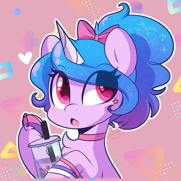 Size: 1200x1200 | Tagged: safe, artist:sakukitty, derpibooru import, izzy moonbow, pony, unicorn, alternate hairstyle, bow, bracelet, bubble tea, chest fluff, choker, cute, drink, female, g5, glitter, holding, hoof hold, image, jewelry, jpeg, mare, solo, tamagotchi