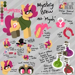 Size: 3000x3000 | Tagged: safe, artist:myahster, derpibooru import, oc, oc:myah, oc:mystery brew, pony, unicorn, female, hat, high res, image, mare, png, potion, reference sheet, shawl, solo, solo female, witch, witch hat
