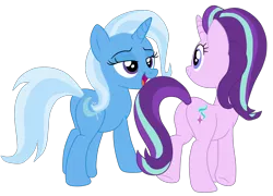 Size: 2702x1946 | Tagged: safe, artist:gmaplay, derpibooru import, starlight glimmer, trixie, pony, unicorn, butt, duo, duo female, female, glimmer glutes, high res, hooves, horn, image, lesbian, lidded eyes, looking at someone, mare, open mouth, open smile, plot, png, shipping, simple background, smiling, startrix, tail, the great and powerful ass, transparent background