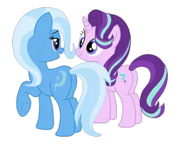 Size: 1900x1622 | Tagged: safe, artist:gmaplay, derpibooru import, starlight glimmer, trixie, pony, unicorn, butt, duo, duo female, female, glimmer glutes, grin, hooves, horn, image, lesbian, lidded eyes, looking at each other, looking at someone, mare, plot, png, raised hoof, shipping, simple background, smiling, standing, startrix, tail, the great and powerful ass, transparent background, underhoof