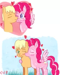 Size: 800x1000 | Tagged: safe, artist:kurisunimii, derpibooru import, applejack, pinkie pie, alternate design, alternate universe, applepie, cute, female, image, kiss on the cheek, kisses, kissing, lesbian, png, romantic, shipping