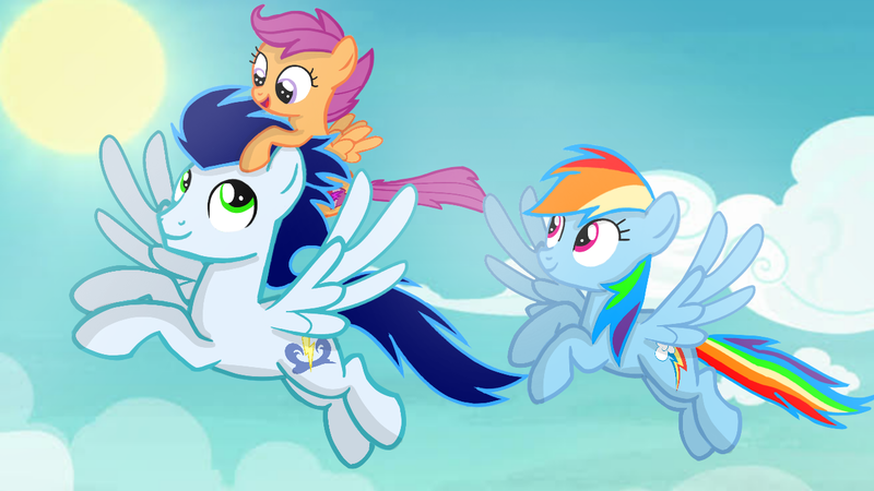 Size: 1280x720 | Tagged: safe, artist:mlplary6, derpibooru import, rainbow dash, scootaloo, soarin', pegasus, pony, female, filly, flying, foal, image, male, mare, png, shipping, siblings, sisters, smiling, soarindash, stallion, straight, sun