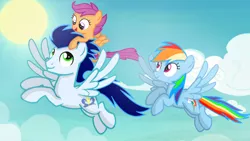 Size: 1280x720 | Tagged: safe, artist:mlplary6, derpibooru import, rainbow dash, scootaloo, soarin', pegasus, pony, female, filly, flying, foal, image, male, mare, png, shipping, siblings, sisters, smiling, soarindash, stallion, straight, sun
