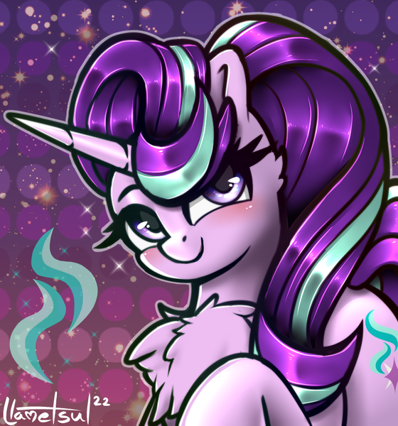 Size: 848x908 | Tagged: safe, artist:llametsul, derpibooru import, starlight glimmer, pony, unicorn, blushing, chest fluff, colored, cute, female, image, looking at you, mare, png, signature, smiling, smiling at you, solo