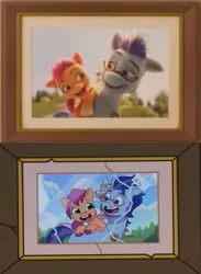 Size: 371x507 | Tagged: safe, derpibooru import, screencap, sunny starscout, pony, my little pony: a new generation, my little pony: tell your tale, spoiler:my little pony: a new generation, a house to share, argyle starshine, comparison, cute, father and child, father and daughter, feels, female, filly, filly sunny starscout, foal, g5, glasses, image, jewelry, jpeg, looking at each other, looking at someone, male, markings, necklace, open mouth, stallion, sunnybetes, unshorn fetlocks, younger