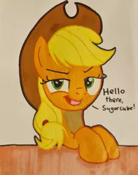 Size: 2335x2957 | Tagged: safe, artist:magicnova, derpibooru import, applejack, earth pony, pony, applejack's hat, cowboy hat, derpibooru exclusive, female, hat, image, jpeg, looking at you, mare, simple background, solo, sugarcube, talking to viewer, text, traditional art, white background