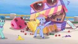 Size: 1366x768 | Tagged: safe, derpibooru import, screencap, fifi, pegasus, pony, my little pony: tell your tale, zipp's flight school, spoiler:g5, spoiler:my little pony: tell your tale, spoiler:tyts01e02, female, fruit, g5, image, mare, png, ponytail, visor