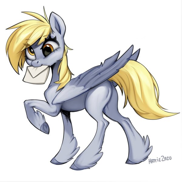 Size: 1000x1000 | Tagged: safe, artist:zazush-una, derpibooru import, derpy hooves, pegasus, envelope, image, jpeg, mouth hold, simple background, solo, unshorn fetlocks, white background