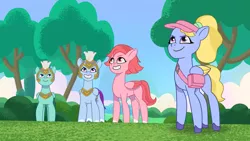 Size: 1366x768 | Tagged: safe, derpibooru import, screencap, fifi, pegasus, pony, my little pony: tell your tale, zipp's flight school, spoiler:g5, spoiler:my little pony: tell your tale, spoiler:tyts01e02, bag, female, g5, helmet, image, male, mare, outdoors, png, ponytail, smiling, stallion, thunder, windy (g5), zoom zephyrwing